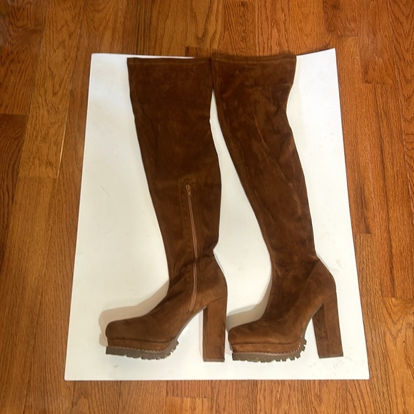 FASHION NOVA faux SUEDE OVER KNEE PLATFORM HEELS BOOTE IN BROWN HALF ZIP SIZ 6.5 - Picture 6 of 9